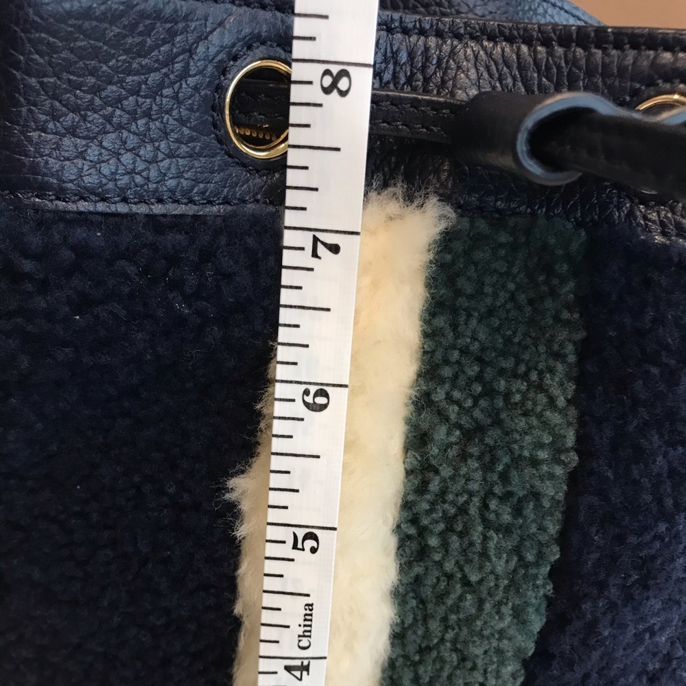 Tory Burch Navy Shearling Bucket Bag with Cream and Forest Green Stripes - Picture 8 of 12